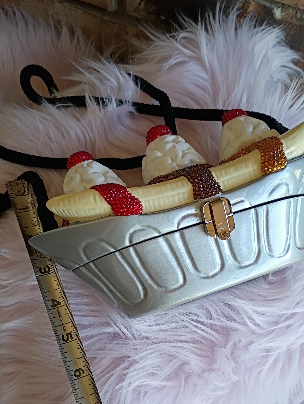Wow! Rare NEW Timmy Woods Swarovski Crystal Wooden Banana Split Ice Cream Bag - Picture 16 of 16